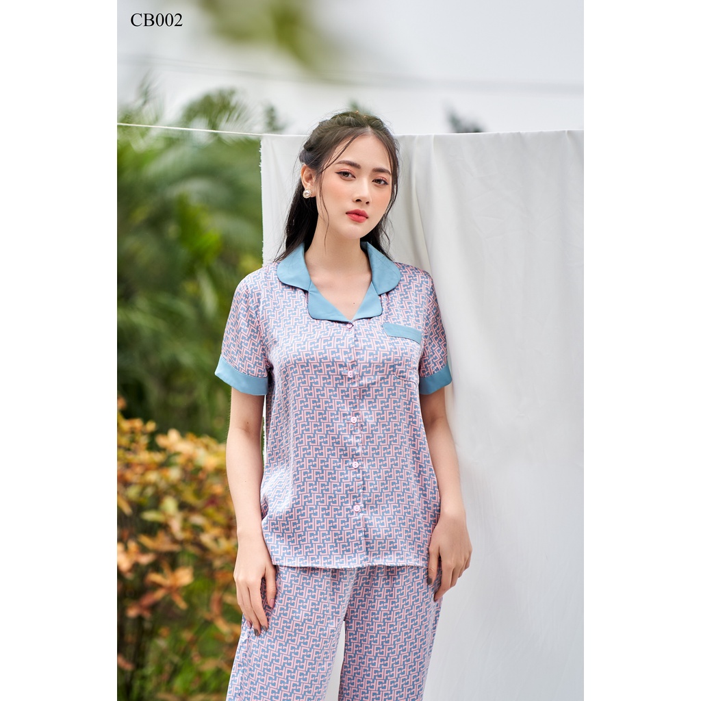 Bộ mặc nhà pijama áo cộc quần dài chất lụa Pháp cao cấp CB002