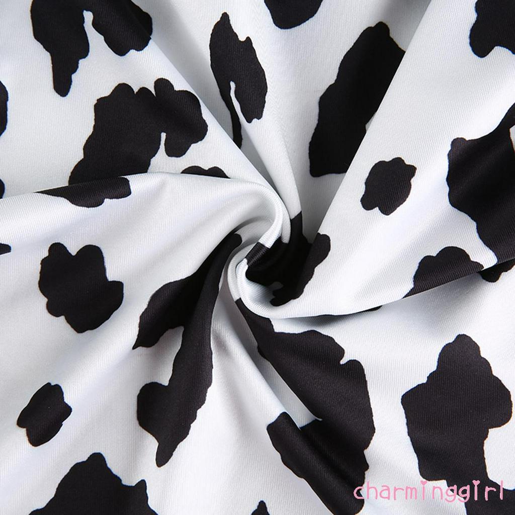 Áo crop top tay dài cổ lọ hoạ tiết đốm da bò sữa xinh xắn thời trang cho nữ