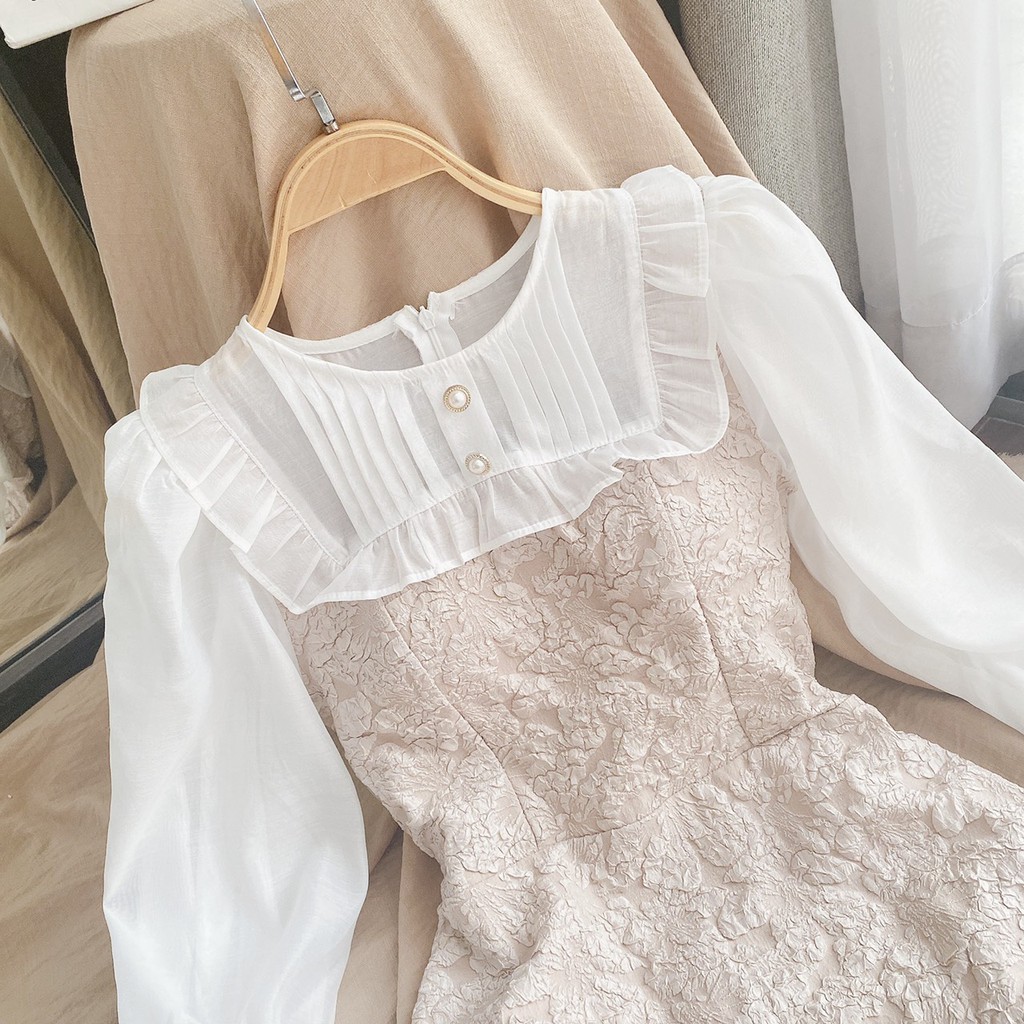 [Mã SKAMA06 giảm 8% tối đa 50K đơn 250K] ĐẦM GẤM PHỐI CỔ VOAN TRẮNG XẾP LI TAY PHỒNG | BigBuy360 - bigbuy360.vn