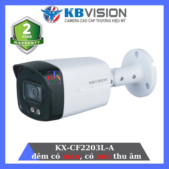 Camera Analog ngoài trời 2.0Mp KBVisision KX-CF2203L-A đêm có màu, có mic, tầm xa đèn ánh sáng trắng 40m | BigBuy360 - bigbuy360.vn