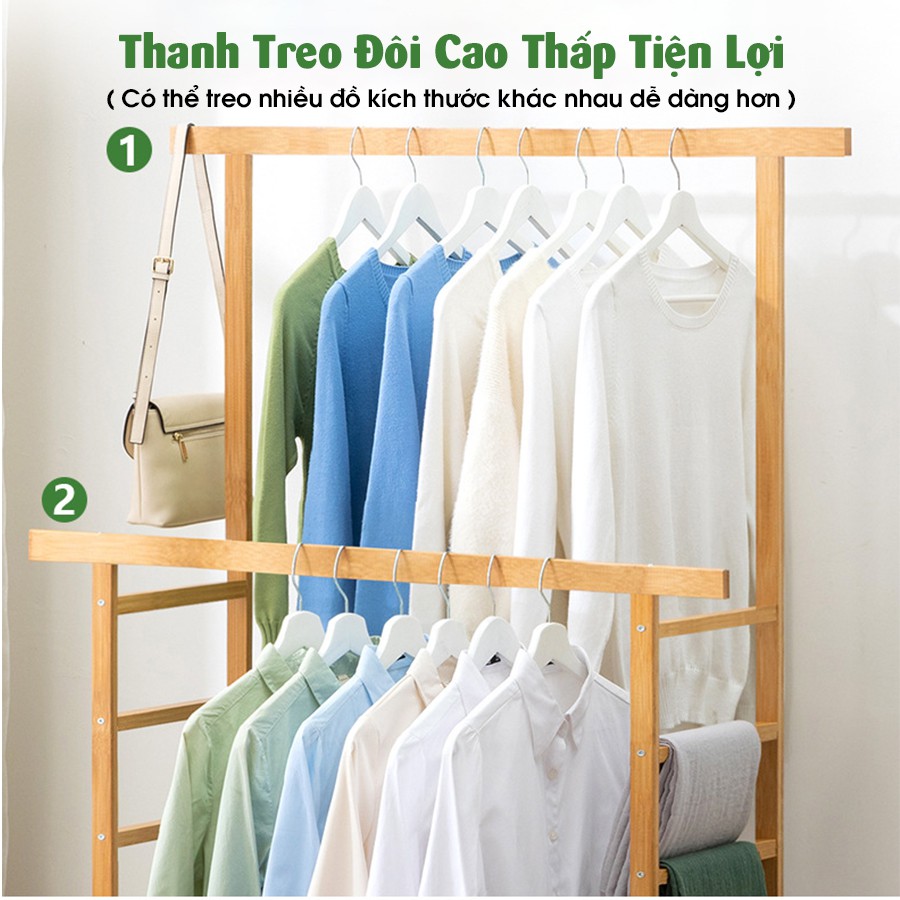 Giá kệ treo quần áo thông minh VANGO V21 gỗ tre tự nhiên cao cấp, có chỗ để giày dép tiện lợi, sơn phủ bóng sang trọng