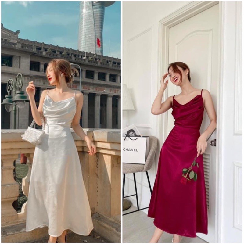 VÁY LỤA TẰM 2S CỔ ĐỔ ĐỎ/TRẮNG CHO NỮ | BigBuy360 - bigbuy360.vn