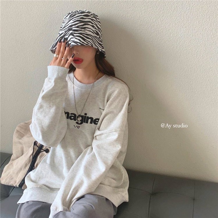 Áo sweater cổ tròn tay dài dáng rộng in chữ phong cách Hàn Quốc thời trang xuân thu mới cho nữ