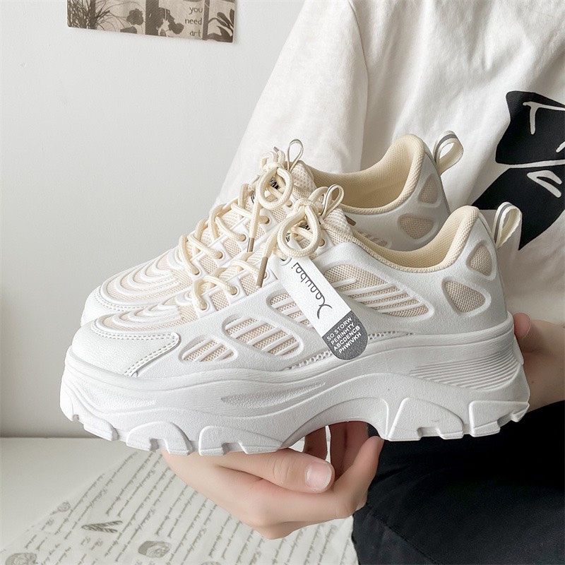 Giày thể thao sneaker nữ Xanu đế kem 5 cm phối vải thoáng khí
