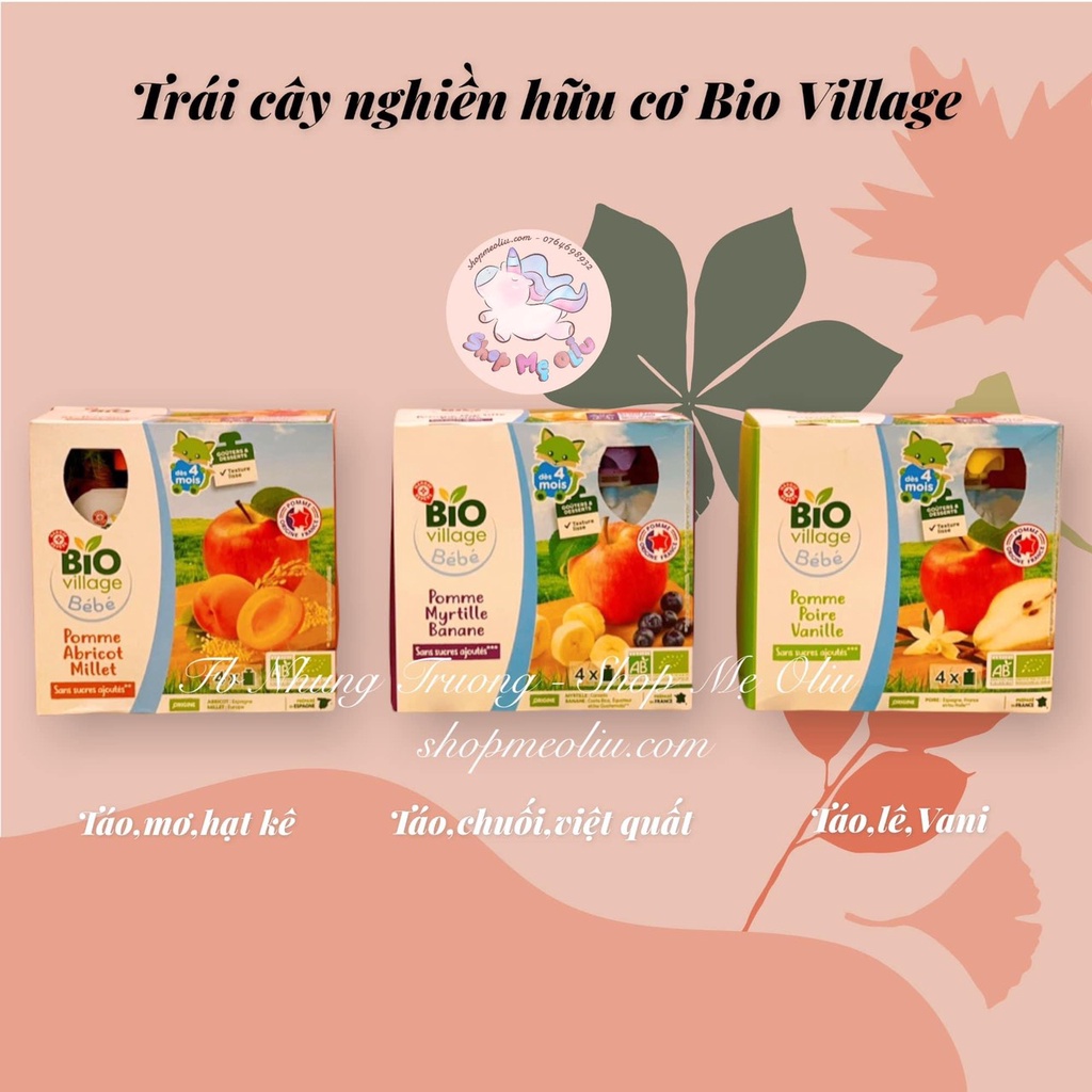 Trái cây nghiền hữu cơ Bio Village dạng túi cho bé từ 4 tháng tuổi