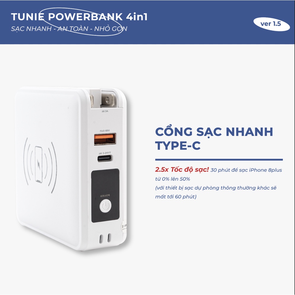 Sạc dự phòng Tunie 4in1 15000mAh hỗ trợ sạc nhanh, kèm cáp sạc, sạc không dây, màn LED hiển thị