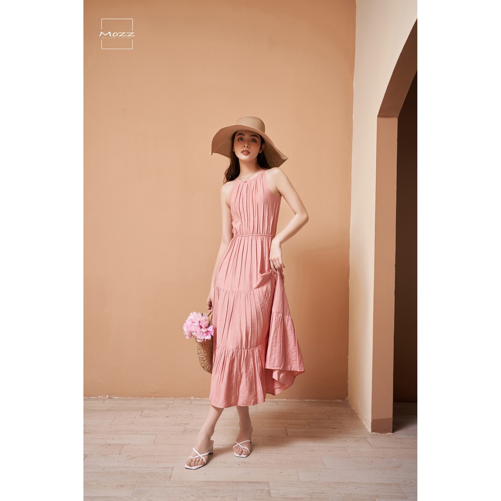 Váy maxi thiết kế chun eo hồng Mozz, váy đi biển