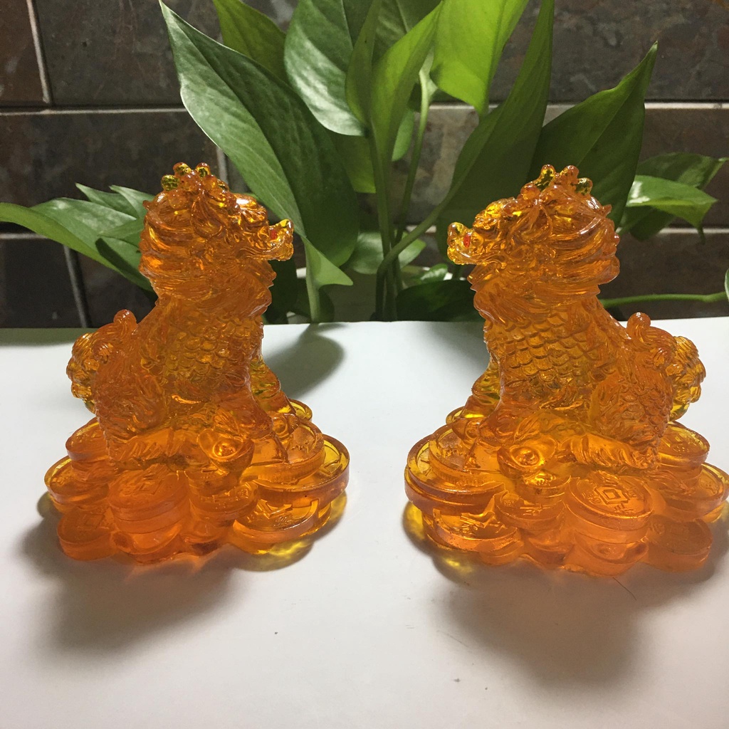 Tượng kỳ lân phong thủy  1 cặp 2 ông màu Hổ phách  cao 11 cm mang tài lộc