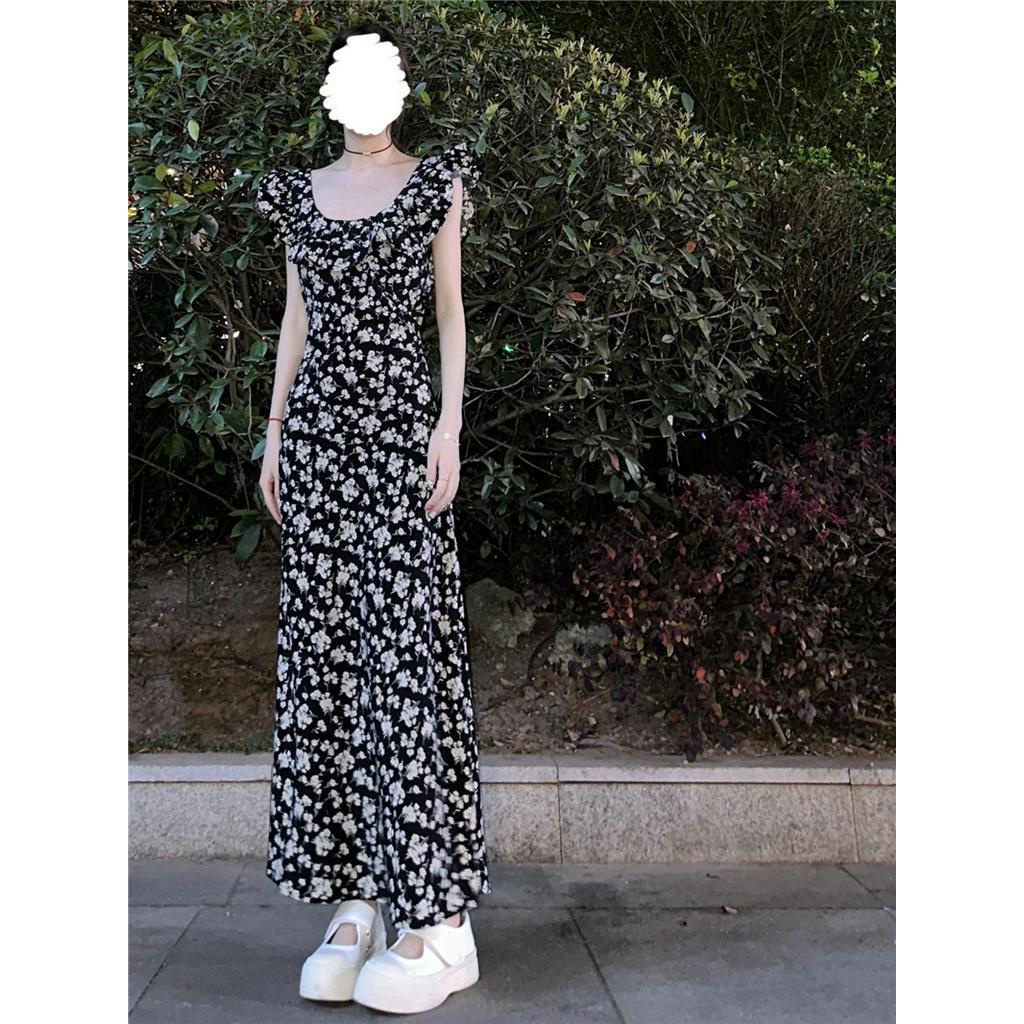 Đầm Đen Dáng Ôm In Hoa Phối Bèo Nhún Kiểu Pháp 62470