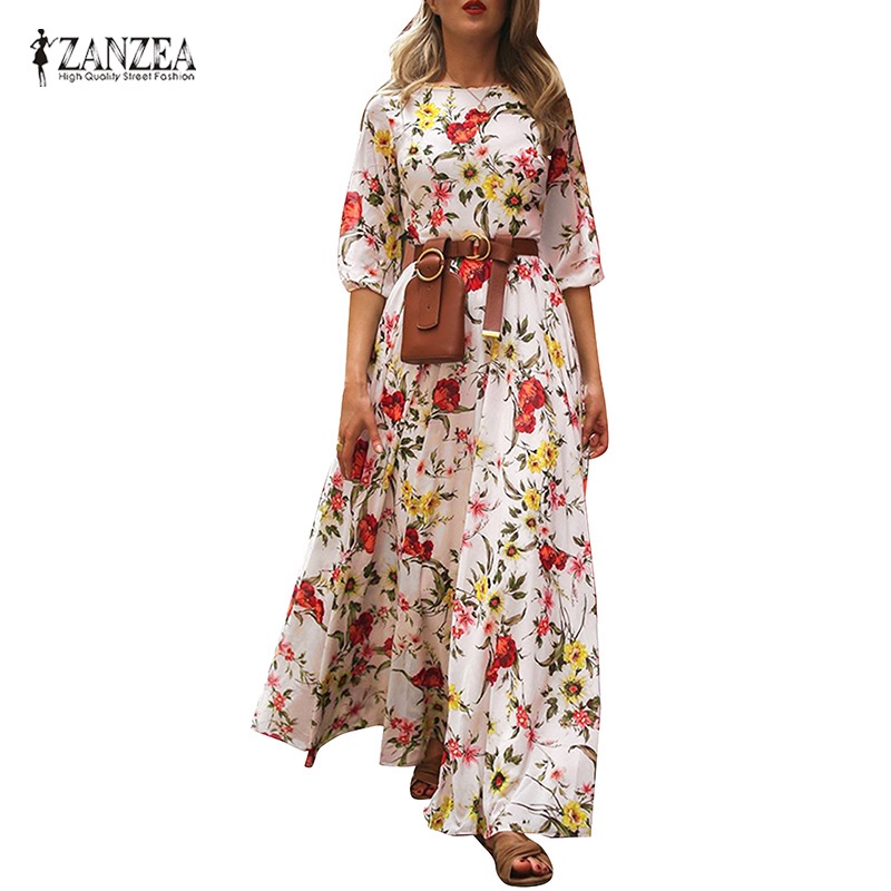 Zanzea Đầm Maxi Tay Lửng Họa Tiết Hoa Vintage Thời Trang Cho Nữ