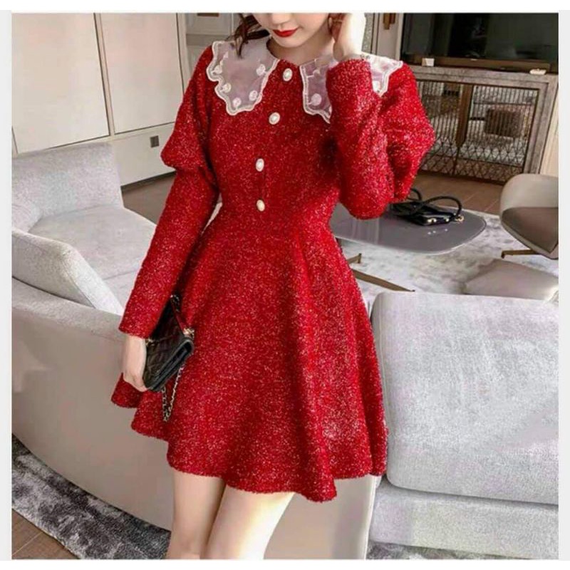 Váy đỏ cổ bèo tay phồng ánh kim lấp lánh (kèm hình thật)