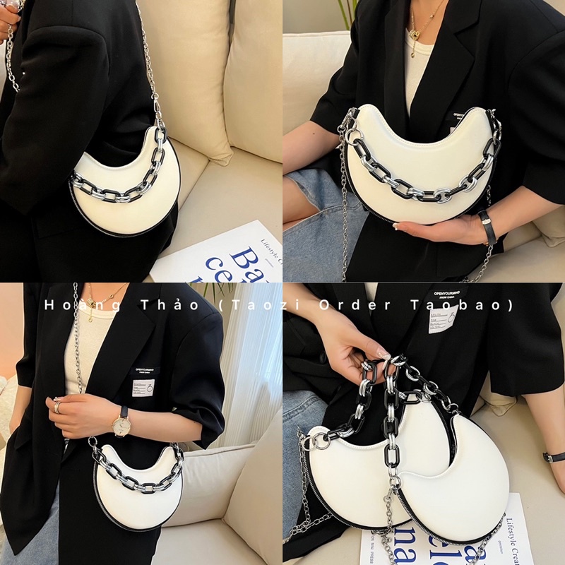 Túi xách hộp đeo chéo có size mini thiết kế dáng túi bán nguyệt phối dây xích cầm tay hot trend 2022