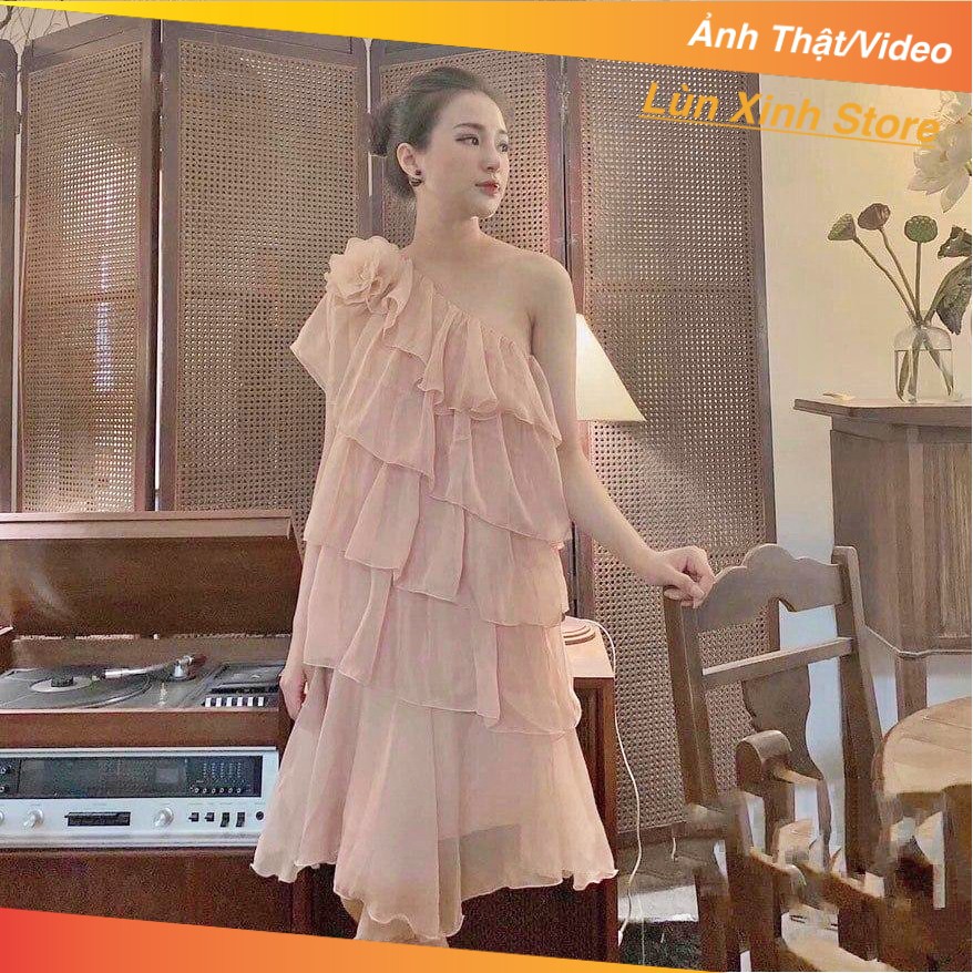 Đầm Lệch 1 Vai Xếp Tầng HỒNG (KÈM TAG HOA)