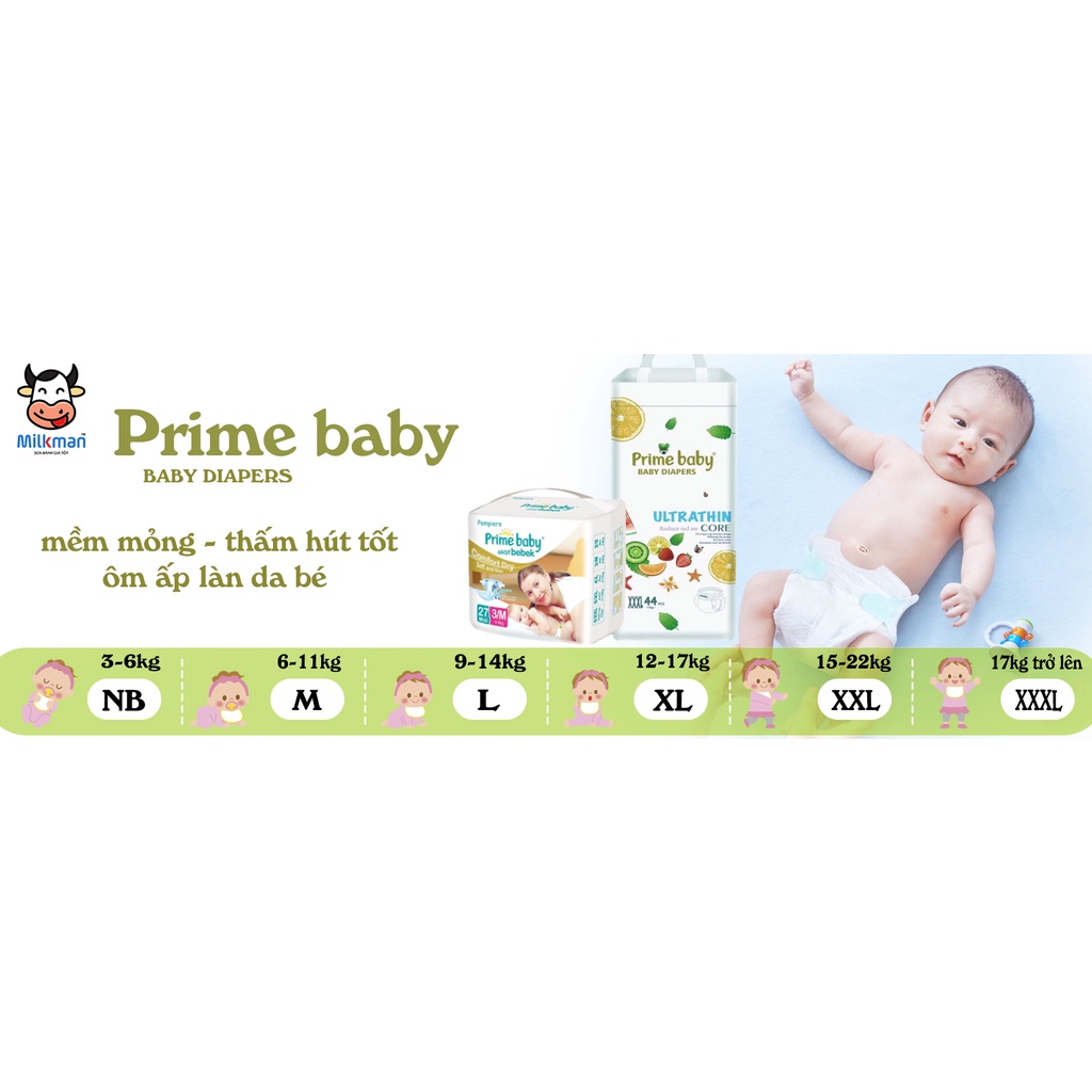 Bỉm Dán / Quần Prime Baby NB30/M52/L50/XL48/XXL46/XXXL44 - Nội Địa Trung