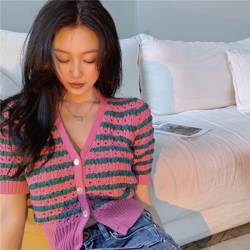 Áo khoác cardigan bằng vải dệt kim dáng rộng rãi họa tiết kẻ sọc màu hồng ngọt ngào cho nữ