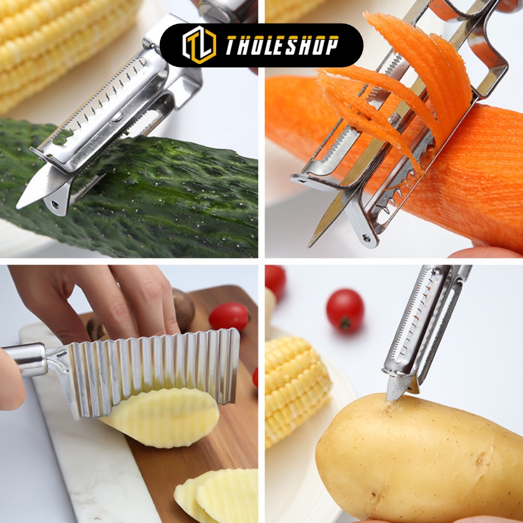 Combo 5 Dụng Cụ Nhà Bếp - Bộ Dao 2 Lưỡi, Dao Bào Sợi, Cắt Lát Gợn Sóng Bằng Inox 9233