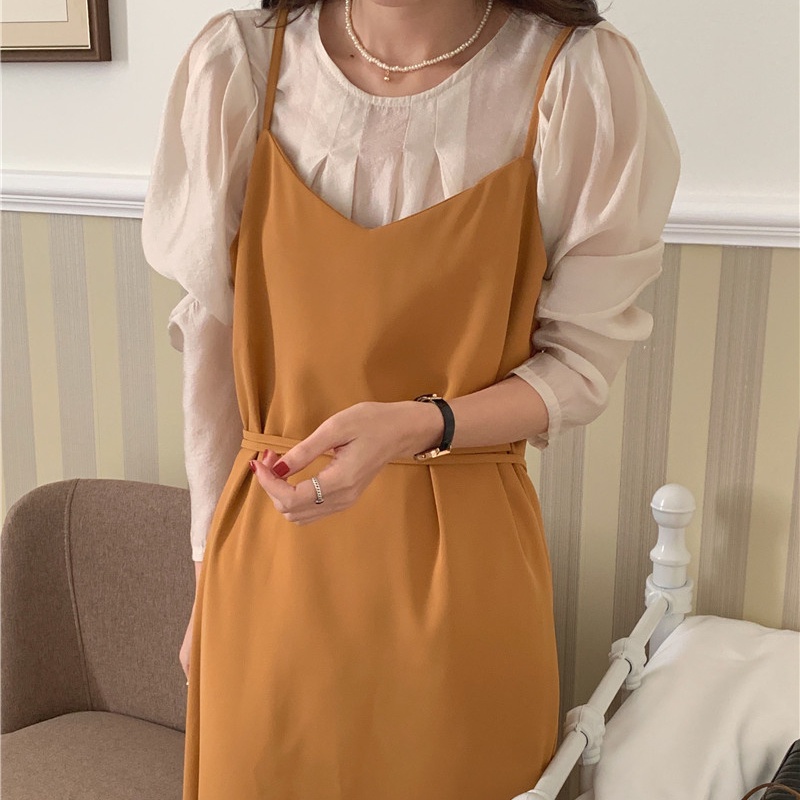 SUXI Bộ Áo Dài Tay + Đầm Hai Dây Màu Sắc Đơn Giản Phong Cách Hàn Quốc