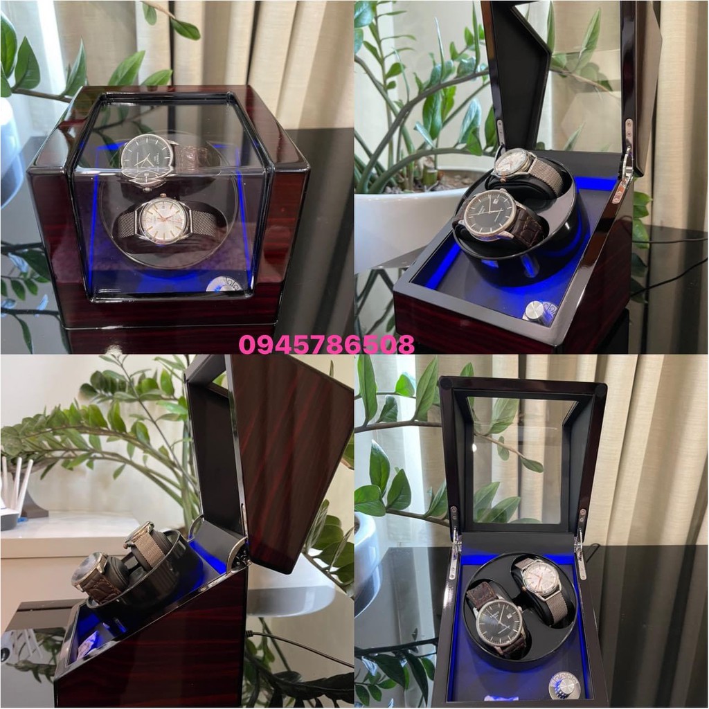 Hộp gỗ đựng 2 đồng hồ cơ, lên dây cót đồng hồ cơ - Hộp xoay đồng hồ 4 chế độ xoay