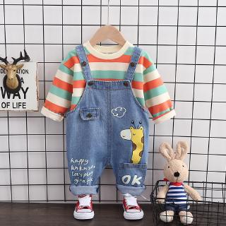 Bộ quần áo trẻ sơ sinh mùa thu Bộ quần áo bé trai Áo sọc dễ thương + Quần yếm Denim Bộ trang phục bé gái Bộ sơ sinh