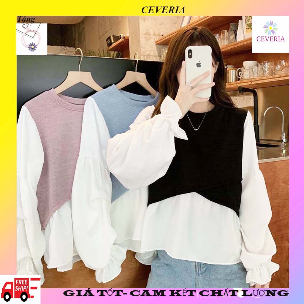 Áo dệt kim nữ mùa thu thời trang tay bồng giả sơ mi kiểu Hàn Quốc - Trẻ trung, đáng yêu,kiểu Hàn quốc hiện đại-cổ tròn