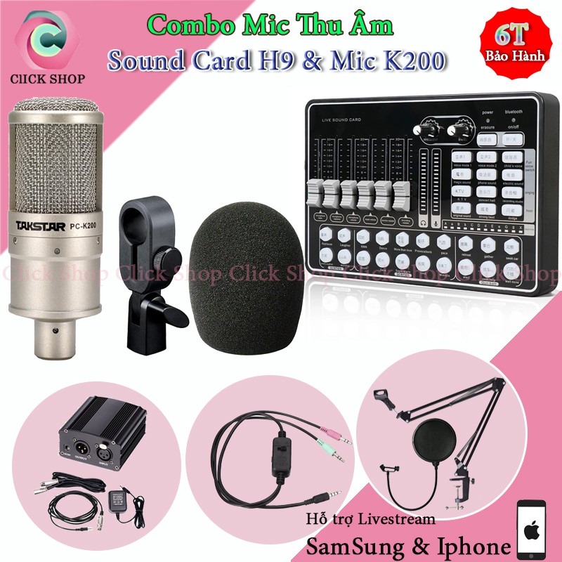 Mic Thu Âm Takstar PC-K200 và Sound Card H9 Chân Kẹp Màng Lọc Nguồn 48v với 2 Dây Mic Đem Lại Dàn Karaoke Tiêu Chuẩn.