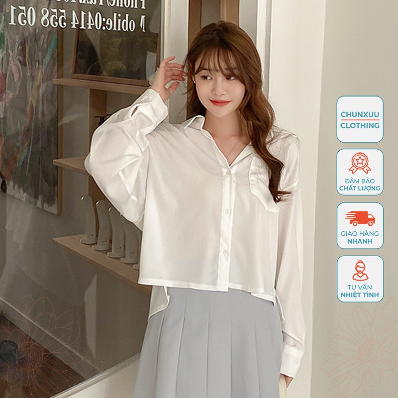 Áo sơ mi nữ trắng dài tay croptop Chunxuu, thiết kế túi ngực kiểu dáng trẻ trung - SK01
