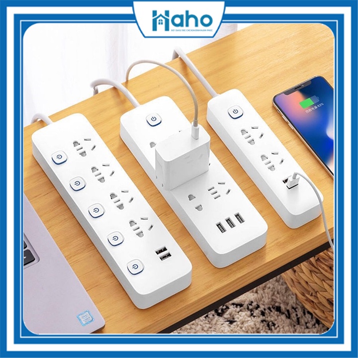 Ổ Cắm Điện Đa Năng Chống Giật Thông Minh Có Cổng Sạc USB Dây Dài, Chịu Công Suất 2500w Haho