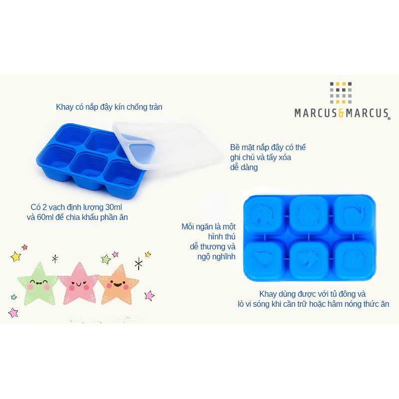 Khay silicon trữ đông đồ ăn dặm cho bé Marcus &amp; Marcus - Lucas (60ml x 6 ngăn)