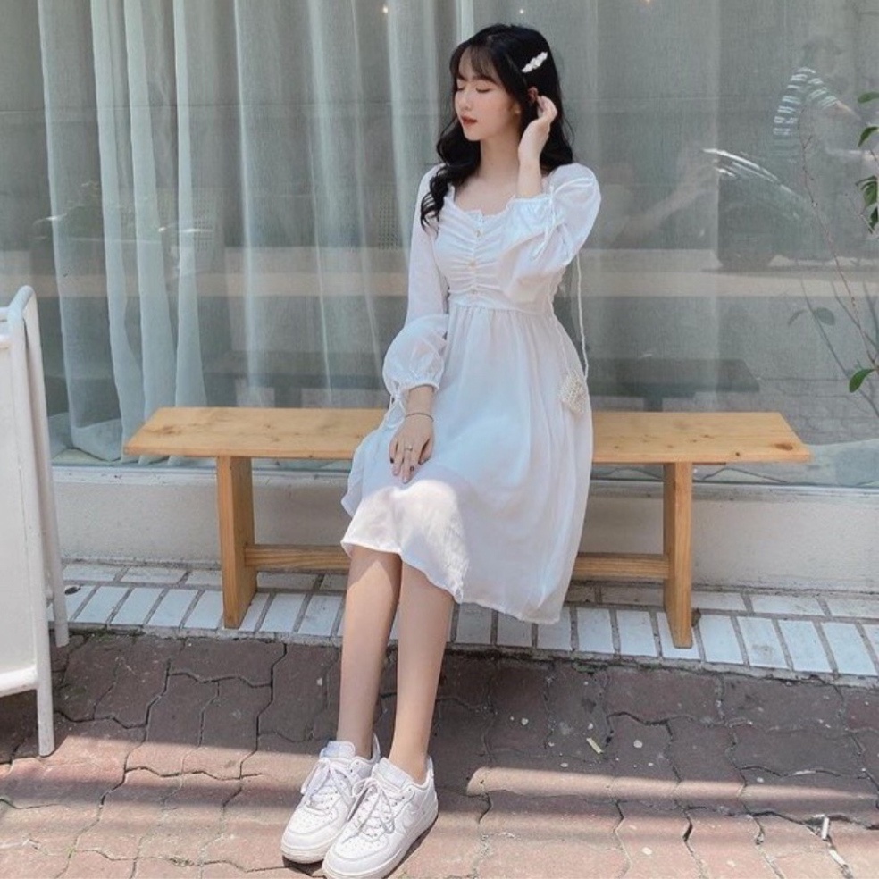 váy babydoll dáng dài trắng tay bồng 3 khuy ngực, đầm nữ dự tiệc dáng xòe babydoll màu trắng chất đẹp, thoáng hút mồ hôi