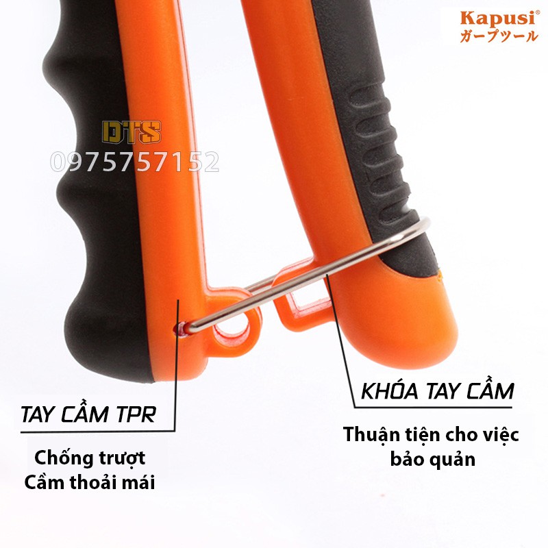 Kìm rút đinh tán công nghiệp Kapusi JAPAN 8inch, kềm rút rive trợ lực đinh rút nhôm, inox 2.4-4.8mm, bấm rive đinh tán