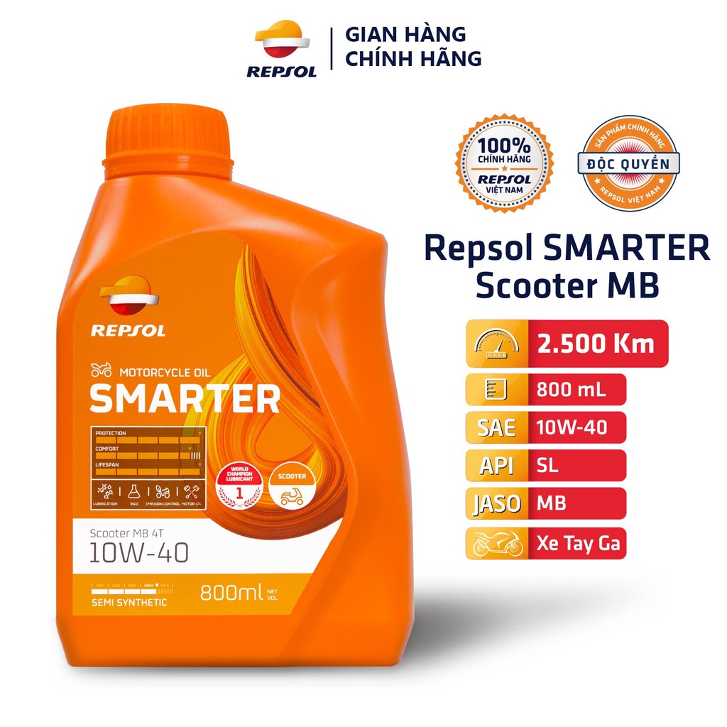 Nhớt Xe Tay Ga Cao Cấp Repsol Smarter Scooter MB 4T 10w40 800ml - Mẫu Mới 2022 nhập 100% Tây Ban Nha