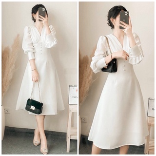 Đầm váy midi trắng cổ V nút bọc tay dài xuongvnxk (kèm hình thật)