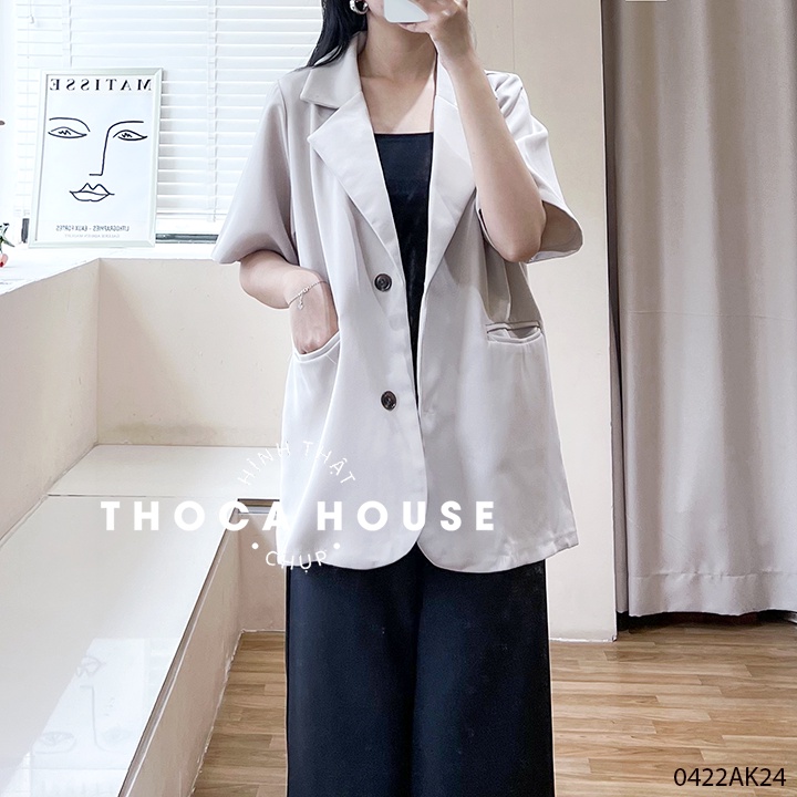 Áo blazer khoác vest tay ngắn túi nấp trơn kem, đen THOCA HOUSE may thiết kế, chuẩn form phù hợp mọi lứa tuổi