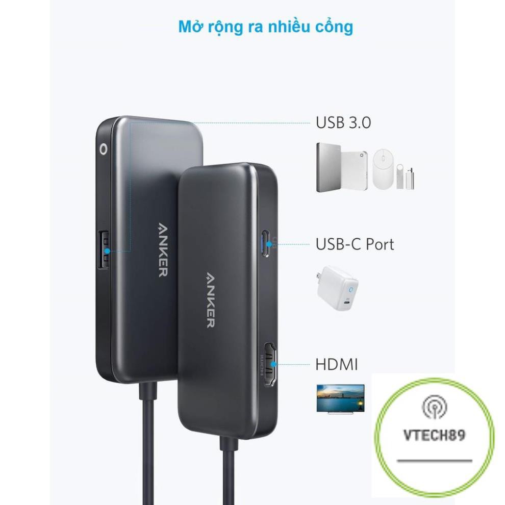 Bộ chia Anker USB type C 3 trong 1, 4k USB type C ra cổng HDMI, USB 3.0, với cổng sạc 60W Power [New]