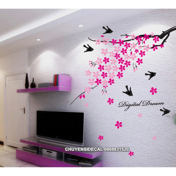 Decal dán tường - Cành Cây Hồng sen chim đen mới