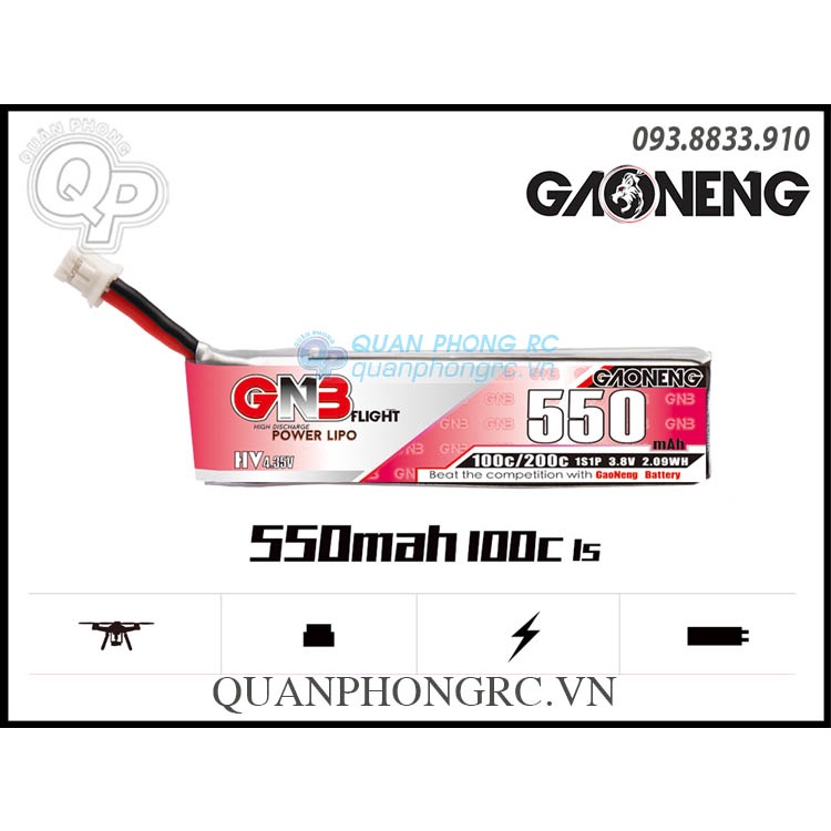 Pin GNB 550mAh 1S 100C 3.8V LiHV Battery PH2.0