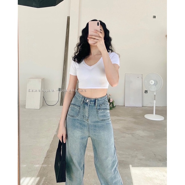 ÁO CROP CỔ V TAY NGẮN- AC061 (Trắng/Đen)