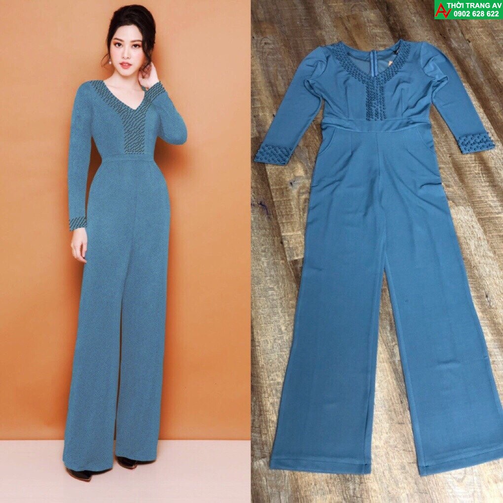 Jumpsuit - Đồ bay dài ống suông rộng tay dài đính hột đầy sang trọng - AV6224