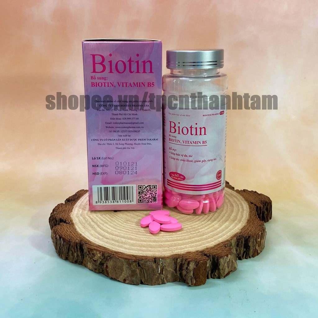 Viên uống BIOTIN bổ sung biotin+vitamin B5 giúp giảm rụng tóc, bảo vệ da, chắc móng – Hộp 60 viên
