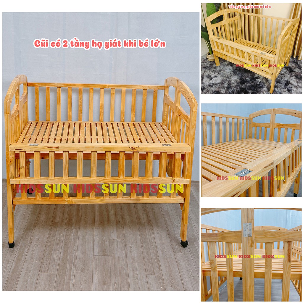 Giường Cũi Gỗ Thông KIDSSUN Cũi Cho Bé Từ 0 - 4 Tuổi Màu Tự Nhiên Kích Thước [110x70x96] BH 12 Tháng