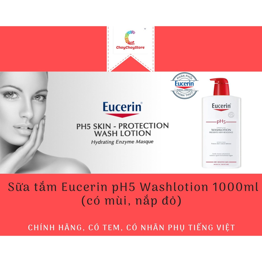 [TEM CTY] (Date 2024) Sữa tắm Eucerin pH5 Washlotion 1000mL (có mùi, nắp đỏ)