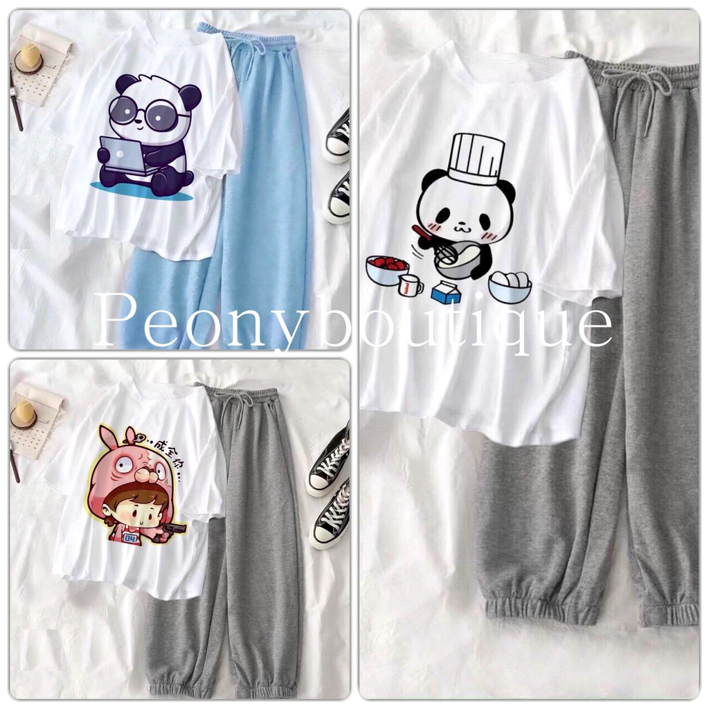 Set Chibi Ống Boom PEONYB Nữ [FREESHIP] 🌸 Bộ quần thun dài áo phông tay lỡ form rộng in hình cute Ulzzang HOT 🌸 | BigBuy360 - bigbuy360.vn