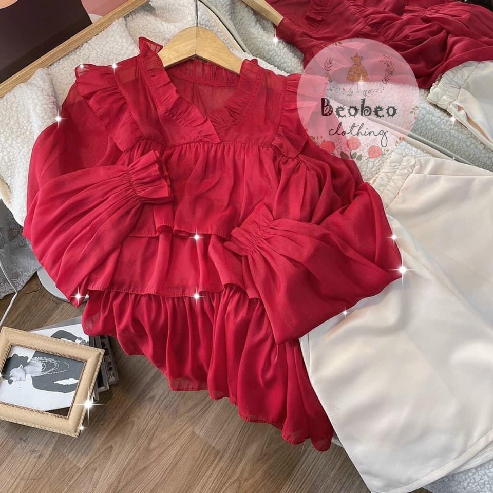 Set áo babydoll bèo tầng đỏ kèm quần short dễ thương