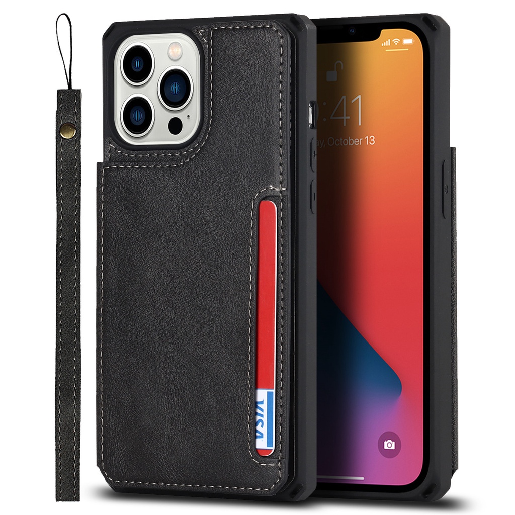 Bao Da Điện Thoại Nắp Lật Kèm Ngăn Đựng Thẻ Và Dây Đeo Cho iPhone 14 12 13 Pro Max Mini