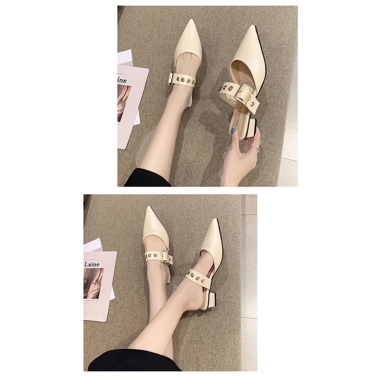 Giày sục nữ mũi nhọn da mềm khóa gài gót cao 3cm