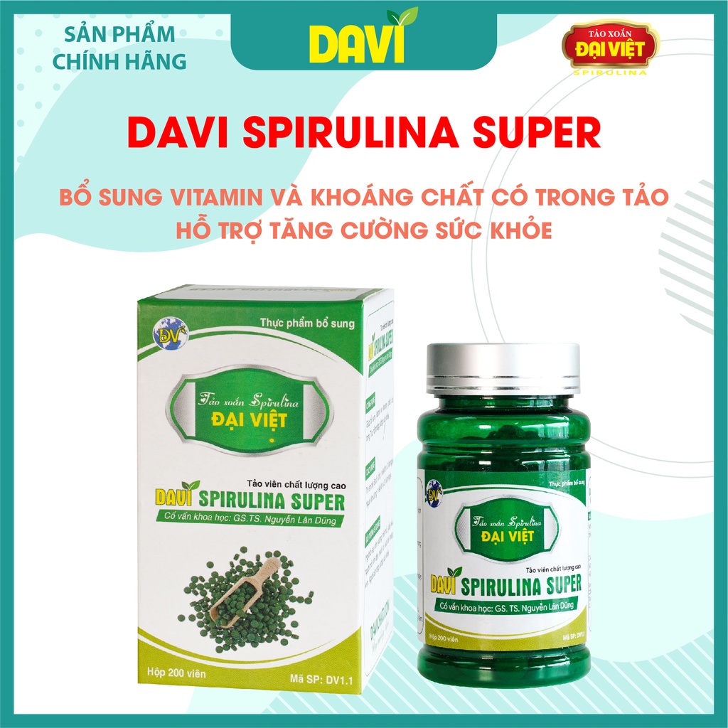 Tảo xoắn Đại Việt Davi Super Viên uống Spirulina Hỗ trợ tăng cường sức khỏe. Lọ 200v/400v