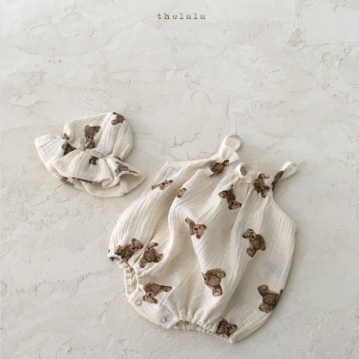 Bộ Áo Liền Quần Hai Dây Hình Gấu Dễ Thương + Nón Thời Trang Mùa Hè Cho Bé Sơ Sinh