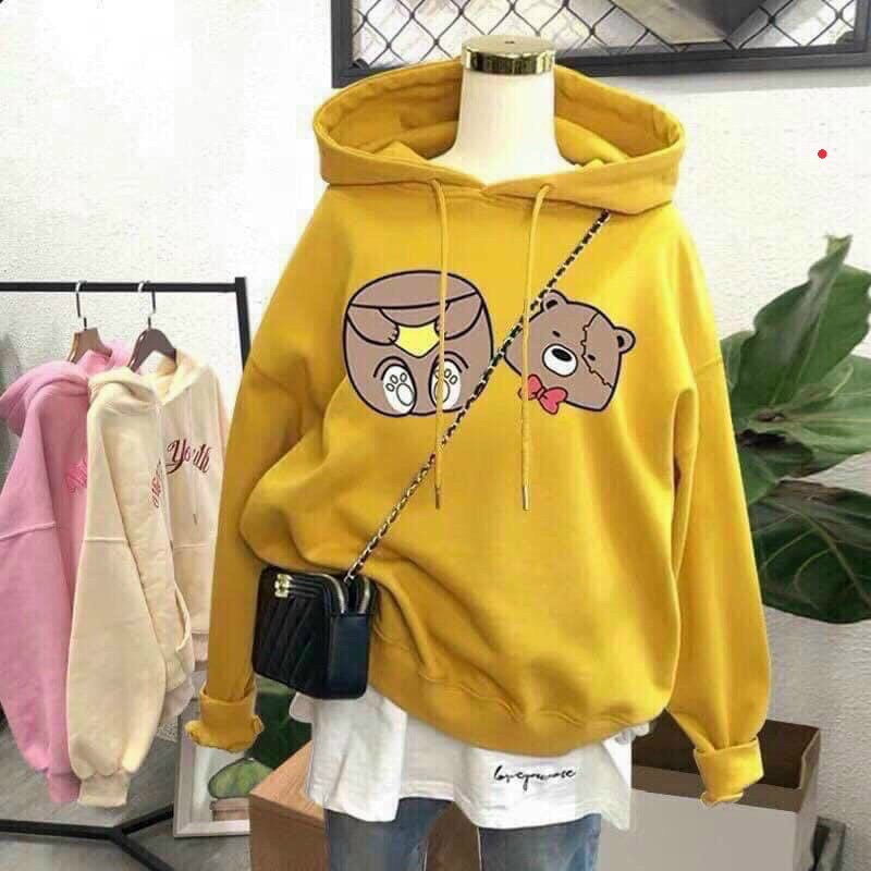 Áo hoodie có mũ form rộng style Korea xinh xắn, áo khoác hoodie nỉ Pe dày dặn in hình Gấu Mập siêu cưng.