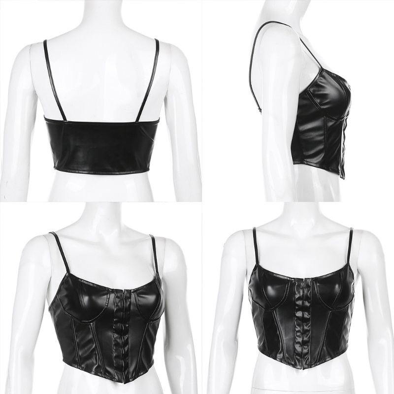 Áo Croptop Hai Dây Bằng Da Nhân Tạo Màu Đen Gợi Cảm Cho Nữ