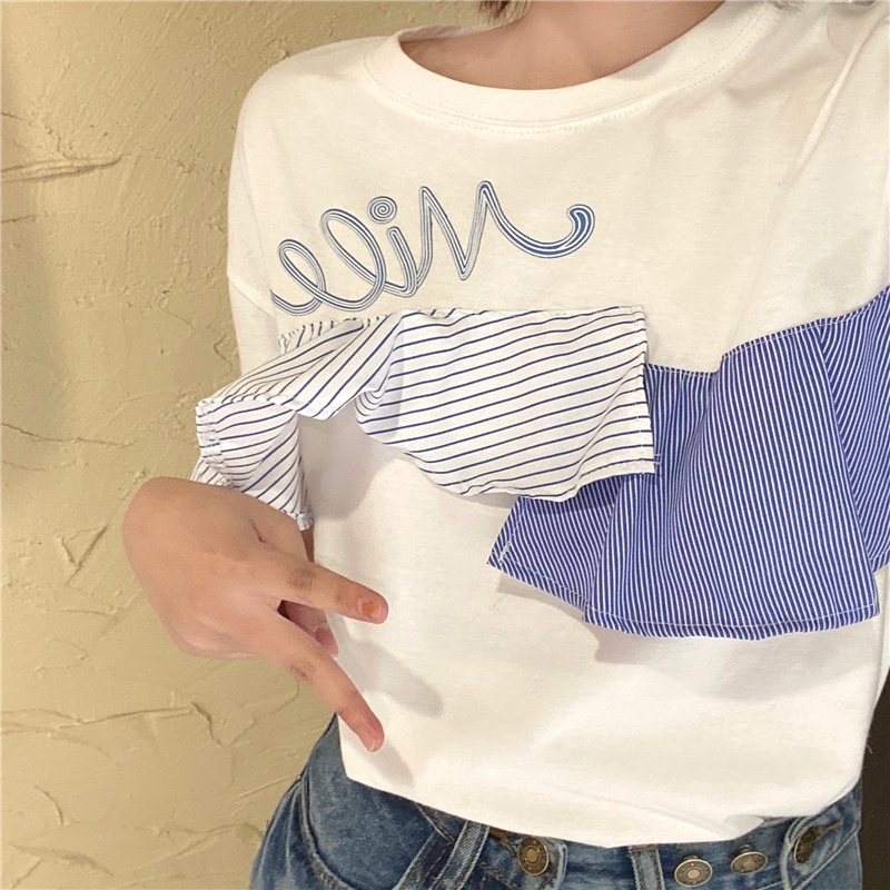 SUXI Áo Thun Tay Ngắn Cổ Tròn Phối Bèo Phong Cách Hàn Quốc Cho Nữ